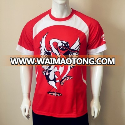 custom made sublimated white and red t shirt with sponsor logos by Nikoo Apparel