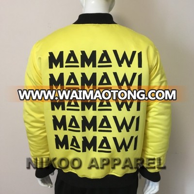 Custom men yellow bomber jacket with black lettering